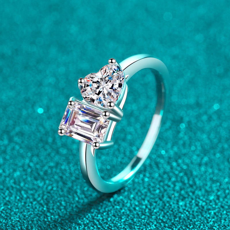 Emeralds cut Heart cut Moissanite Ring in 925 Sterling Silver 2ct