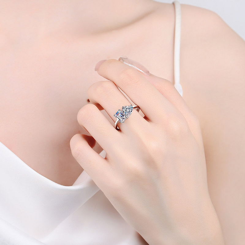 Emeralds cut Heart cut Moissanite Ring in 925 Sterling Silver 2ct