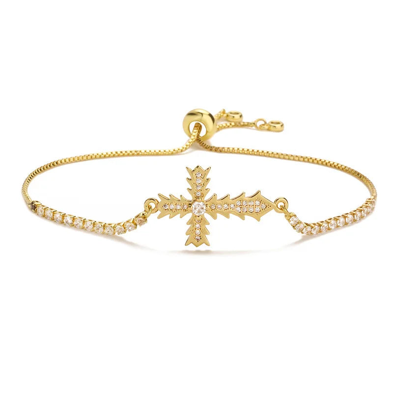 Brass (Copper) Cross Bracelet with Cubic Zircon with 18K Gold Plated