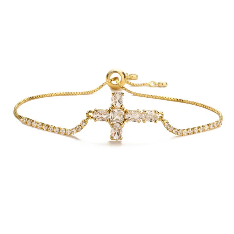 Brass (Copper) Cross Bracelet with Cubic Zircon with 18K Gold Plated