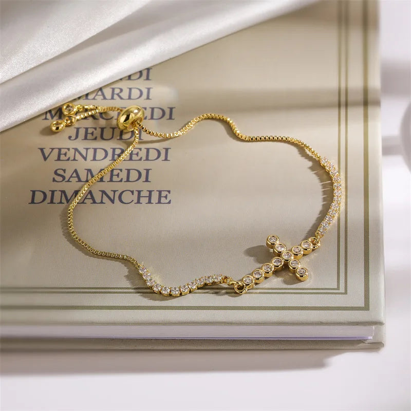 Brass (Copper) Cross Bracelet with Cubic Zircon with 18K Gold Plated