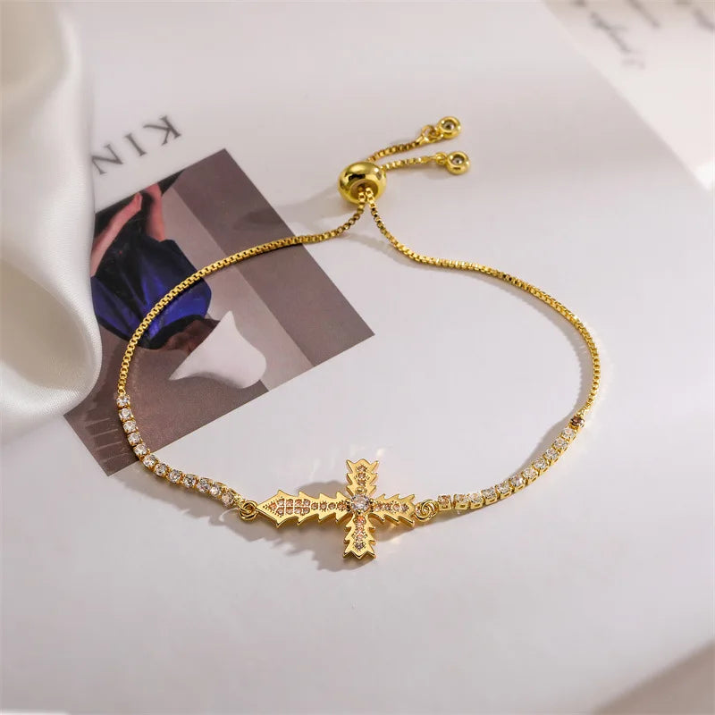 Brass (Copper) Cross Bracelet with Cubic Zircon with 18K Gold Plated