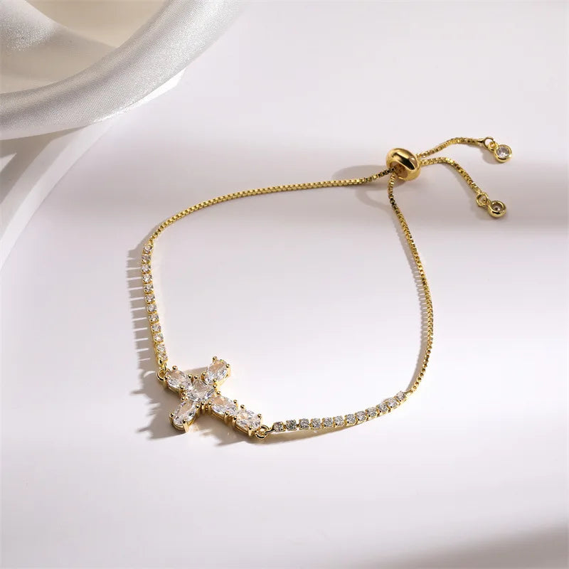 Brass (Copper) Cross Bracelet with Cubic Zircon with 18K Gold Plated
