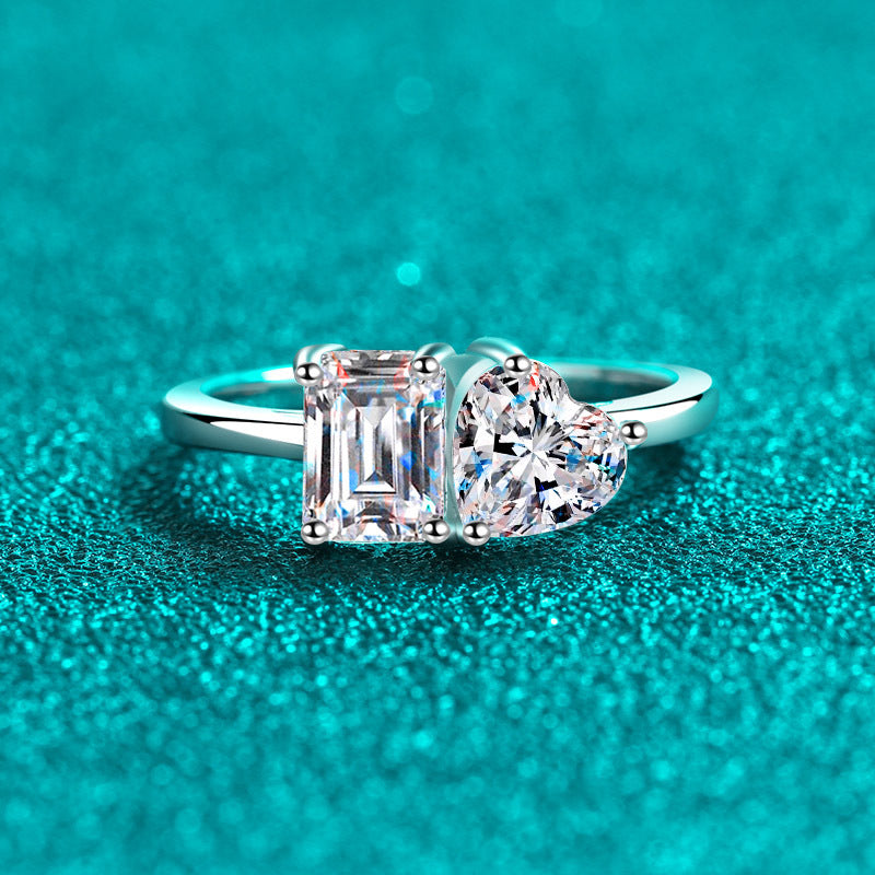 Emeralds cut Heart cut Moissanite Ring in 925 Sterling Silver 2ct