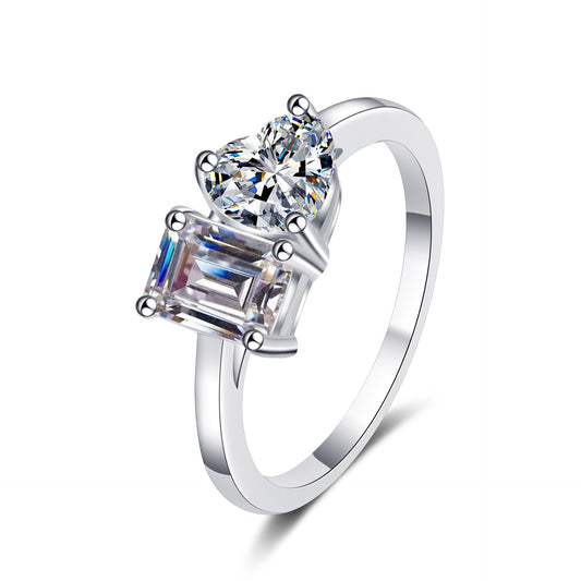 Emeralds cut Heart cut Moissanite Ring in 925 Sterling Silver 2ct