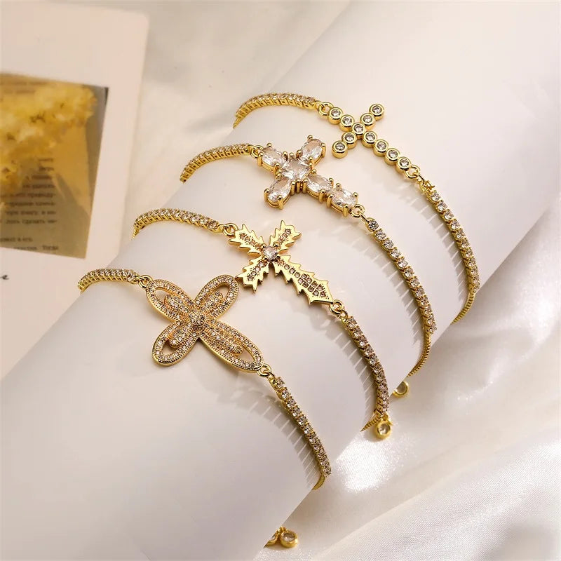Brass (Copper) Cross Bracelet with Cubic Zircon with 18K Gold Plated